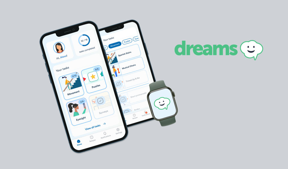 dreaMS-App on a smartphone, smartwatch, logo