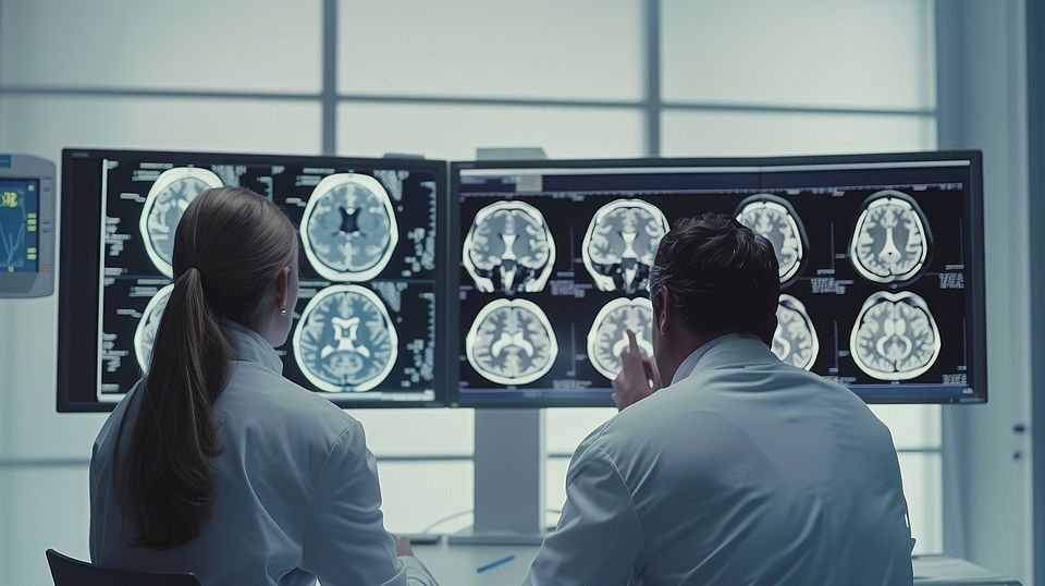 two doctors in a hospital talk about an MRI scan of a patient's brain. they are analyzing and diagnosing it. two doctors talk about an MRI brain scan