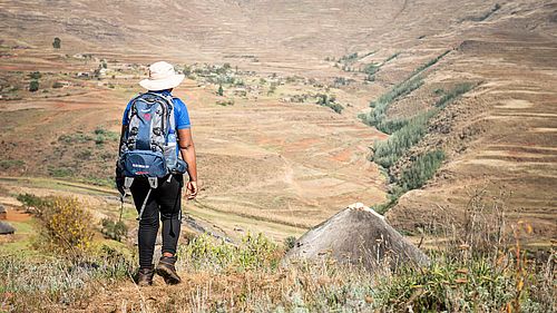 39-year-old VHW 'Makelello Moleko on her way to a patient visit in Shapa-Ngoetsi, Butha-Buthe district, Lesotho, on May 19, 2025.