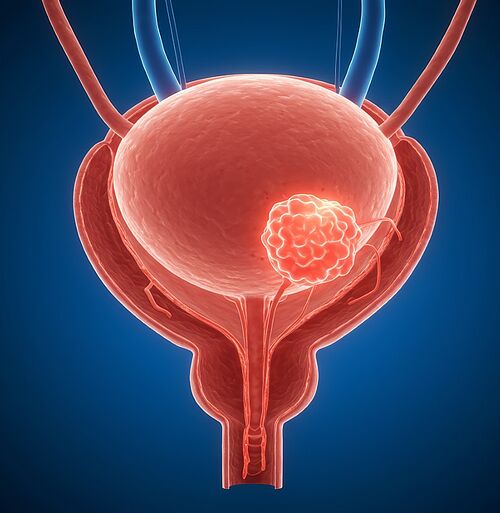 Detailed medical illustration of a human bladder with a prostate tumor growth 