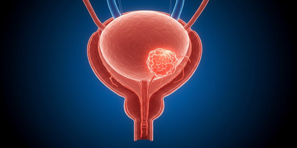 Detailed medical illustration of a human bladder with a prostate tumor growth 