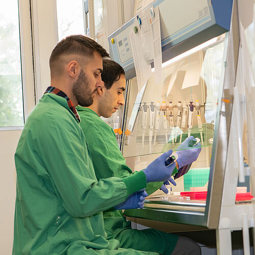 The biomarker laboratory of Jens Kuhle's research group at the DBM. Pictured are the two laboratory technicians, Juan Gomez and Amar Zadic.